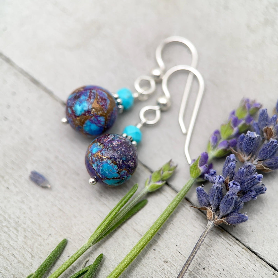 Kingman Mohave Turquoise Earrings | Sterling Silver | Purple Dahlia Spiny Oyster Shell Jewelry - SunlightSilver