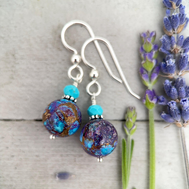 Kingman Mohave Turquoise Earrings | Sterling Silver | Purple Dahlia Spiny Oyster Shell Jewelry - SunlightSilver