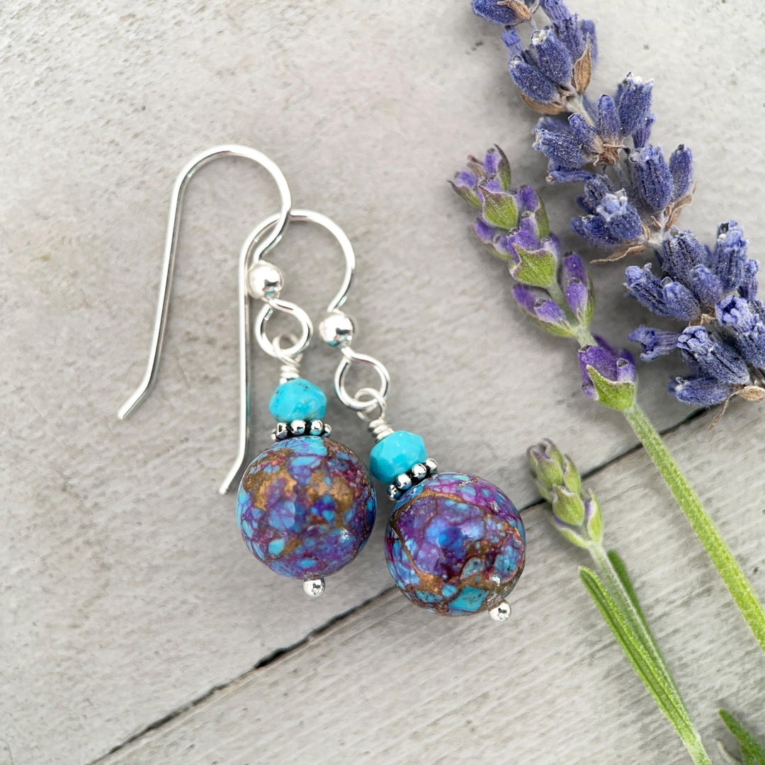 Kingman Mohave Turquoise Earrings | Sterling Silver | Purple Dahlia Spiny Oyster Shell Jewelry - SunlightSilver