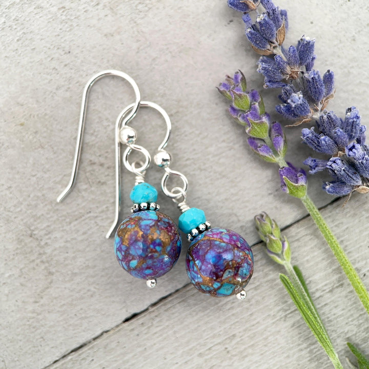 Kingman Mohave Turquoise Earrings | Sterling Silver | Purple Dahlia Spiny Oyster Shell Jewelry - SunlightSilver