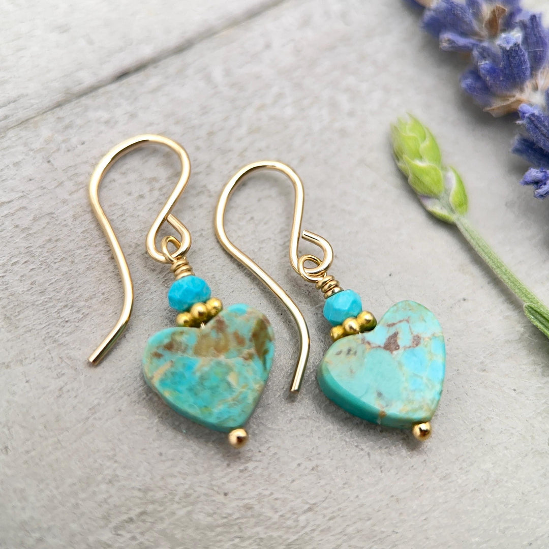 Kingman Turquoise Heart Earrings 14k Gold Fill | Arizona Turquoise Jewelry | Southwestern Gold Heart Earrings - SunlightSilver