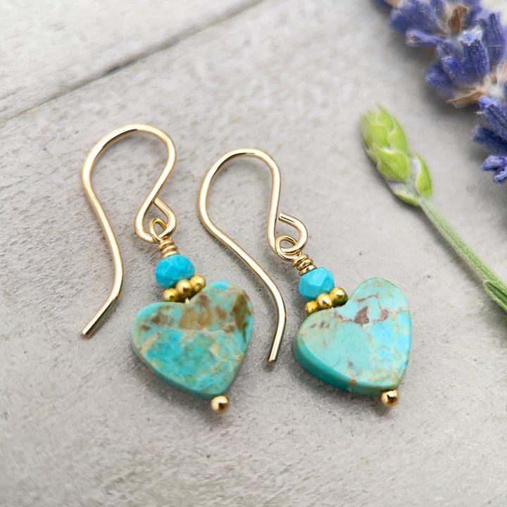 Kingman Turquoise Heart Earrings 14k Gold Fill | Arizona Turquoise Jewelry | Southwestern Gold Heart Earrings - SunlightSilver