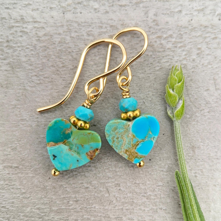 Kingman Turquoise Heart Earrings 14k Gold Fill | Arizona Turquoise Jewelry | Southwestern Gold Heart Earrings - SunlightSilver