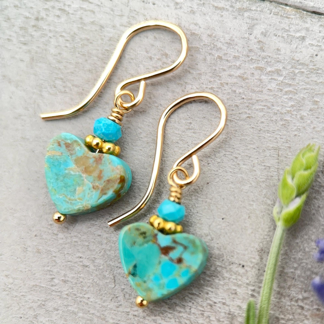 Kingman Turquoise Heart Earrings 14k Gold Fill | Arizona Turquoise Jewelry | Southwestern Gold Heart Earrings - SunlightSilver