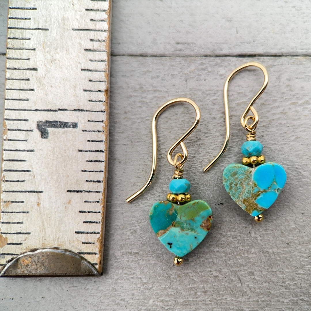 Kingman Turquoise Heart Earrings 14k Gold Fill | Arizona Turquoise Jewelry | Southwestern Gold Heart Earrings - SunlightSilver