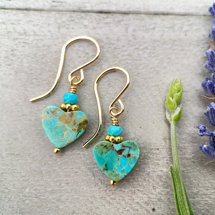 Kingman Turquoise Heart Earrings 14k Gold Fill | Arizona Turquoise Jewelry | Southwestern Gold Heart Earrings - SunlightSilver