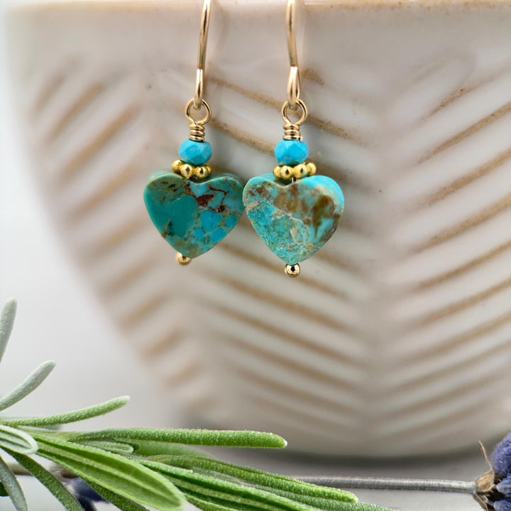 Kingman Turquoise Heart Earrings 14k Gold Fill | Arizona Turquoise Jewelry | Southwestern Gold Heart Earrings - SunlightSilver