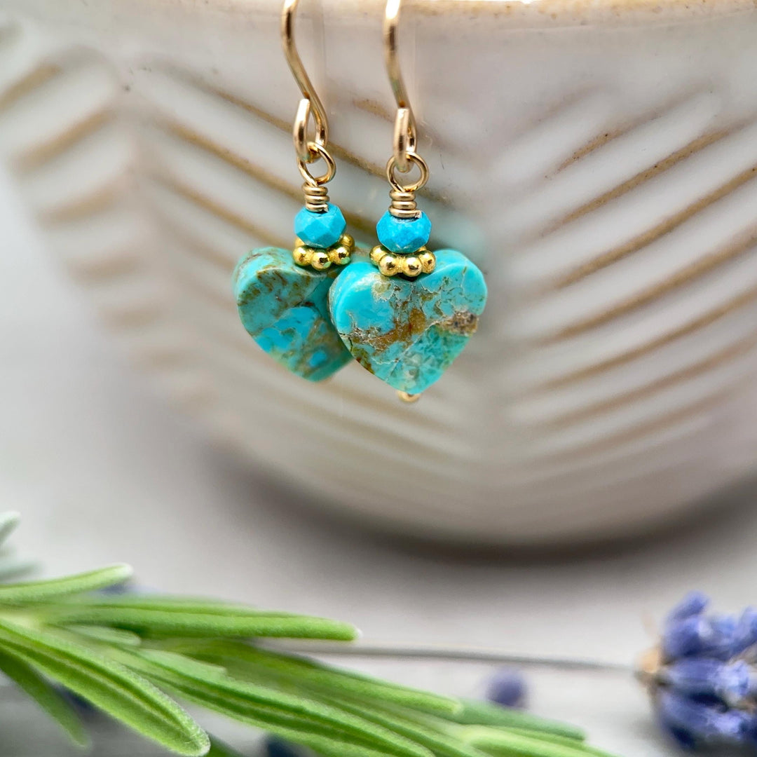 Kingman Turquoise Heart Earrings 14k Gold Fill | Arizona Turquoise Jewelry | Southwestern Gold Heart Earrings - SunlightSilver