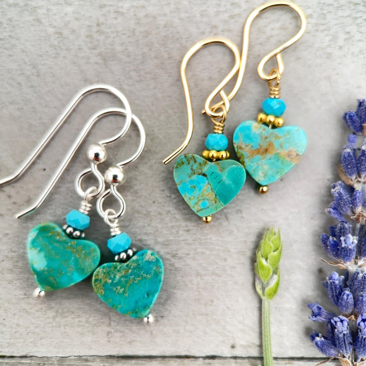 Kingman Turquoise Heart Earrings 14k Gold Fill | Arizona Turquoise Jewelry | Southwestern Gold Heart Earrings - SunlightSilver
