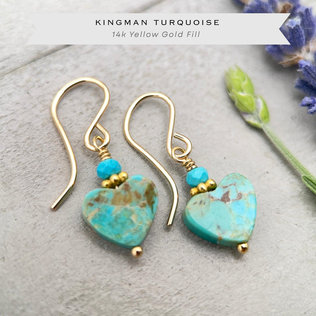 Kingman Turquoise Heart Earrings 14k Gold Fill | Arizona Turquoise Jewelry | Southwestern Gold Heart Earrings - SunlightSilver