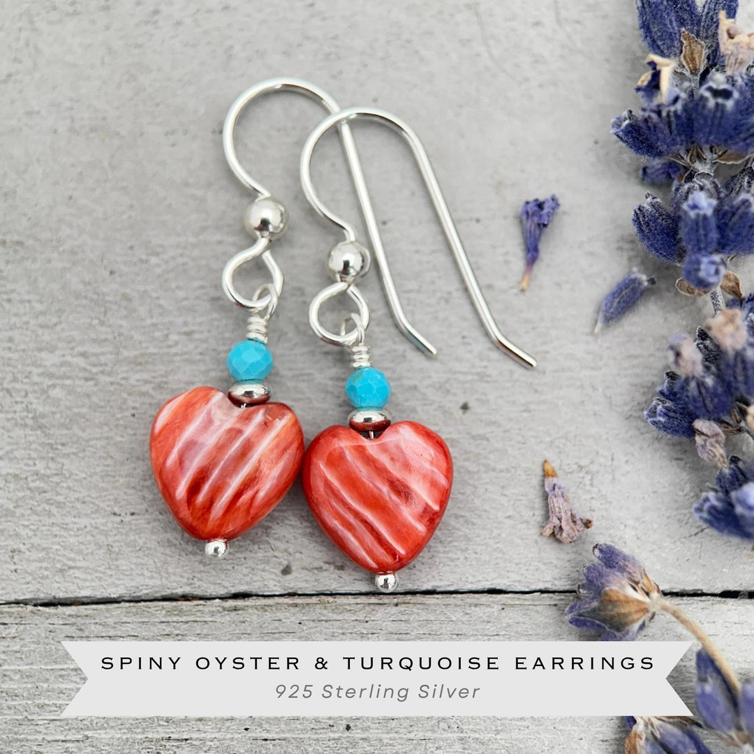 Red Spiny Oyster Heart Earrings | Sterling Silver with Turquoise | Handmade Heart Jewelry - SunlightSilver