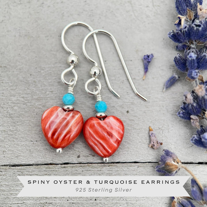 Red Spiny Oyster Heart Earrings | Sterling Silver with Turquoise | Handmade Heart Jewelry - SunlightSilver