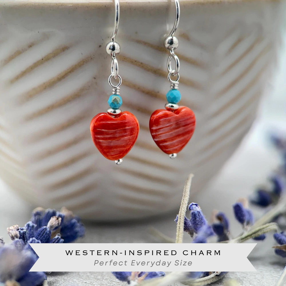 Red Spiny Oyster Heart Earrings | Sterling Silver with Turquoise | Handmade Heart Jewelry - SunlightSilver