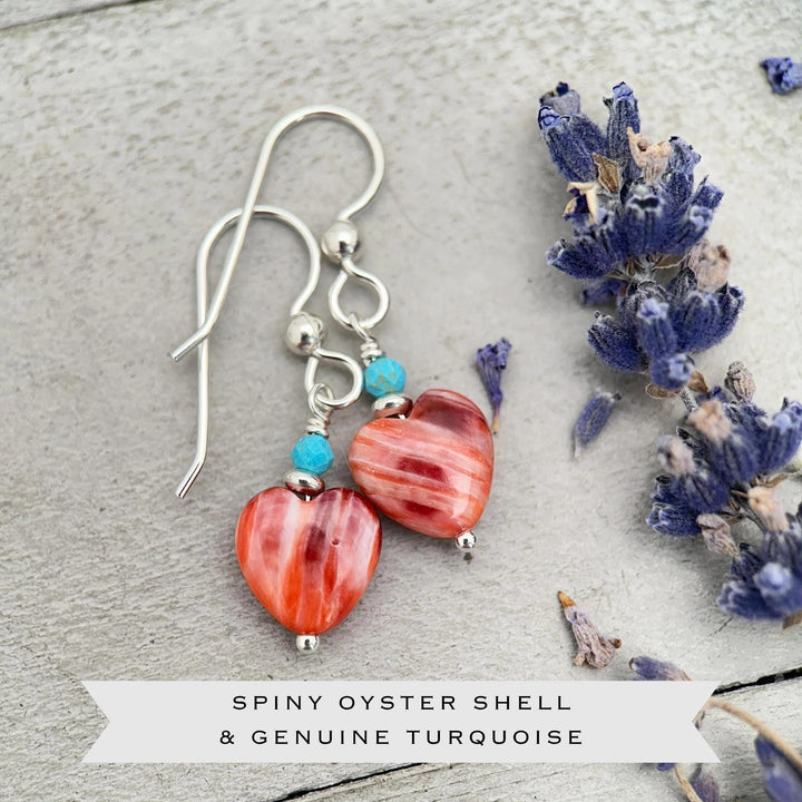 Red Spiny Oyster Heart Earrings | Sterling Silver with Turquoise | Handmade Heart Jewelry - SunlightSilver