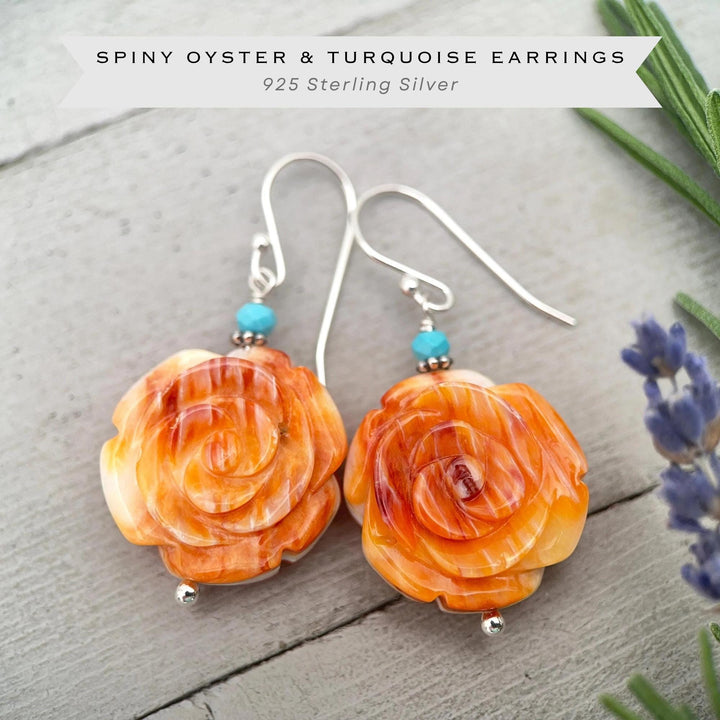 Spiny Oyster & Turquoise Earrings - Sterling Silver – Orange-Red Carved Shell Rose Flower Jewelry - SunlightSilver