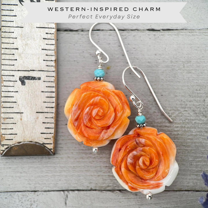 Spiny Oyster & Turquoise Earrings - Sterling Silver – Orange-Red Carved Shell Rose Flower Jewelry - SunlightSilver