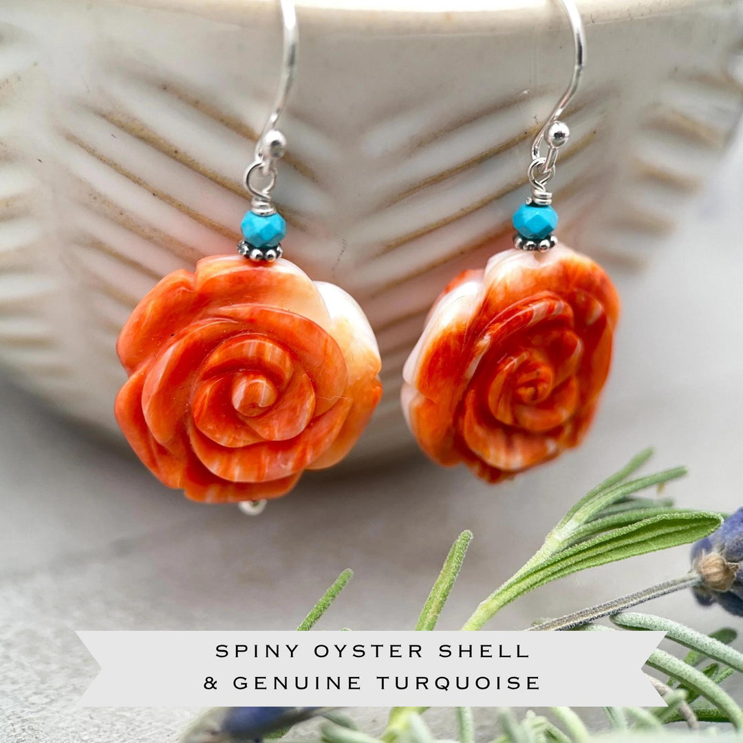 Spiny Oyster & Turquoise Earrings - Sterling Silver – Orange-Red Carved Shell Rose Flower Jewelry - SunlightSilver