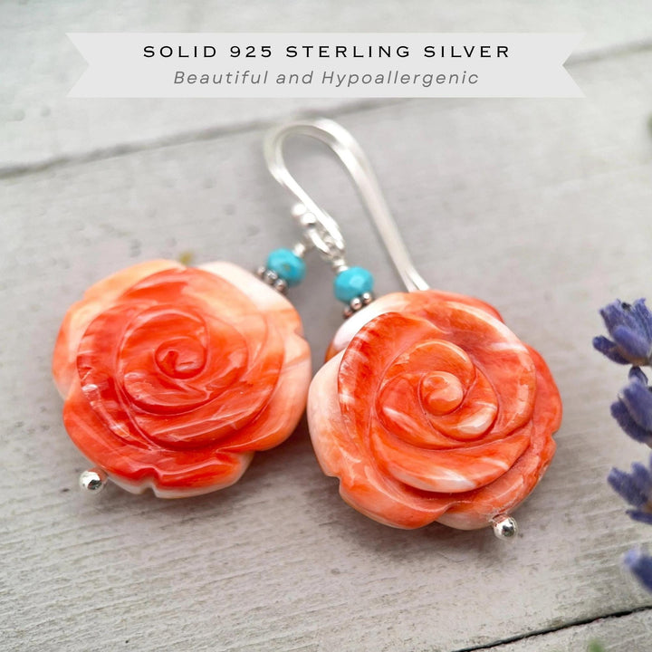 Spiny Oyster & Turquoise Earrings - Sterling Silver – Orange-Red Carved Shell Rose Flower Jewelry - SunlightSilver