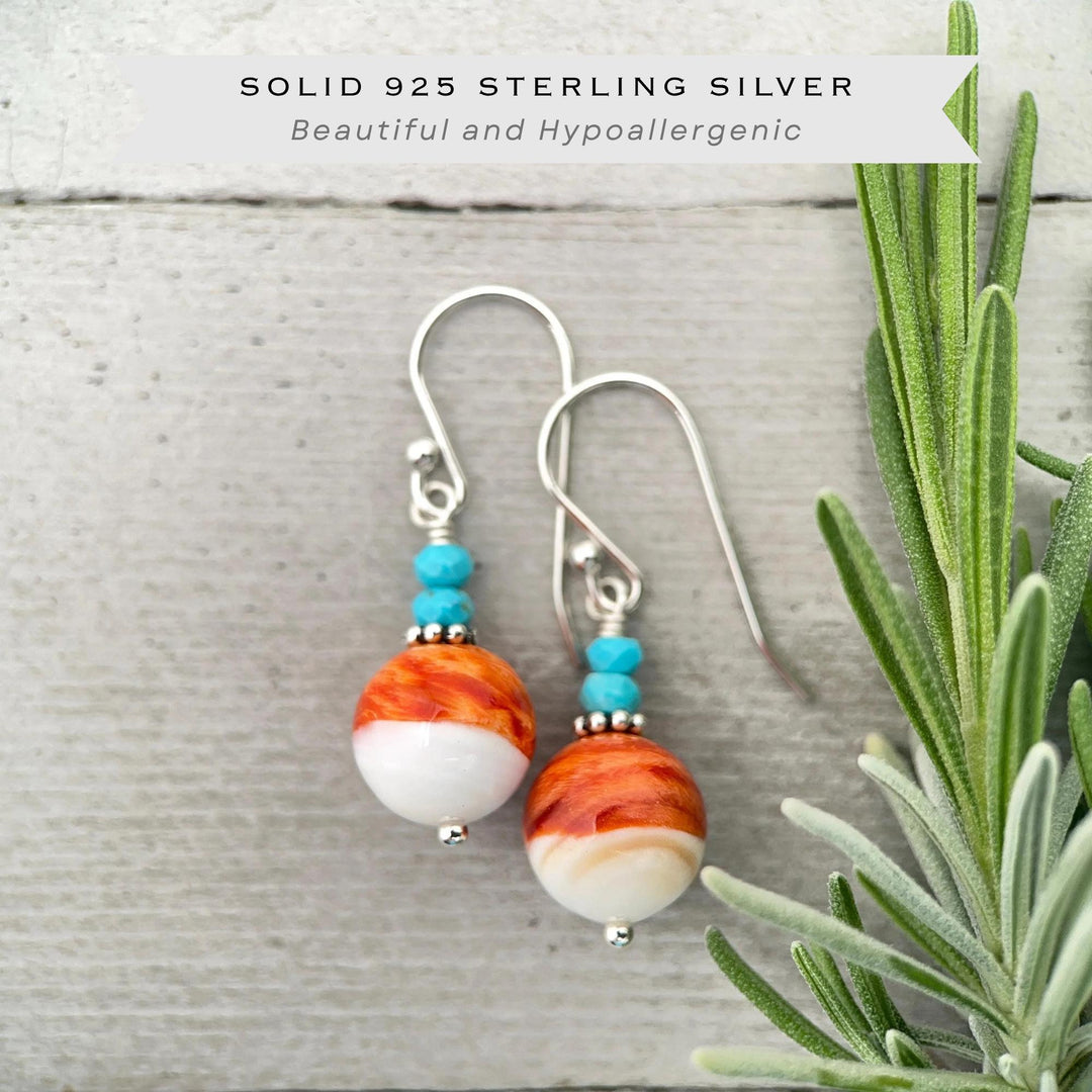 Spiny Oyster & Turquoise Earrings | Orange-Red, and White Shell | Sterling Silver Jewelry - SunlightSilver