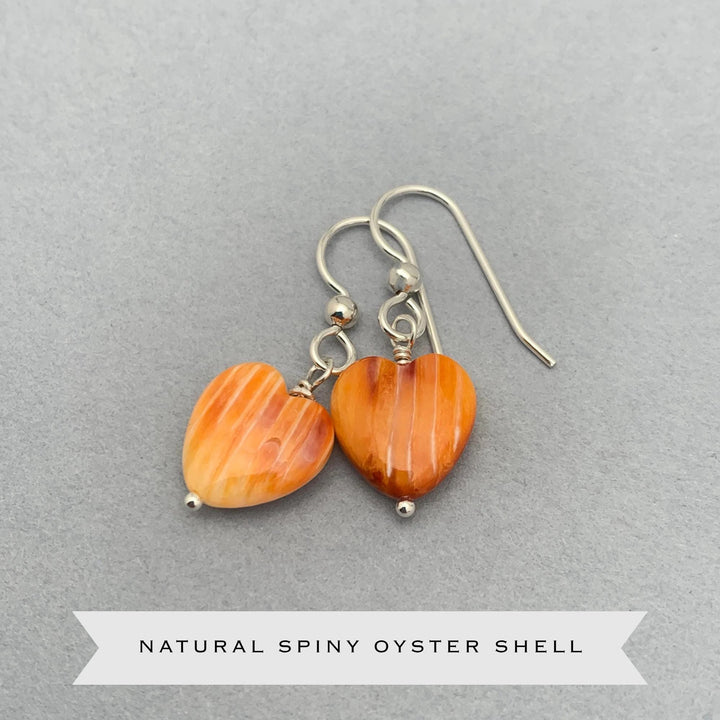 Orange Spiny Oyster Shell Heart and Sterling Silver Earrings - SunlightSilver