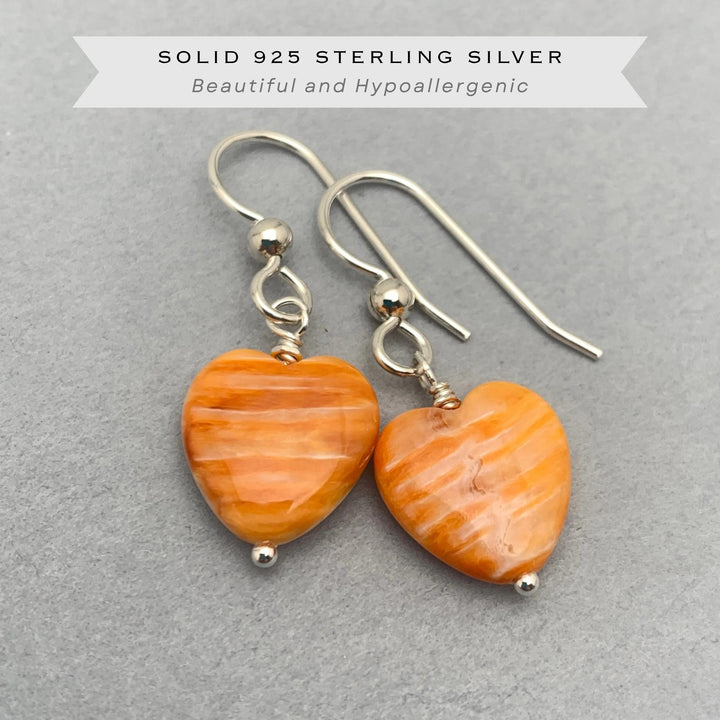 Orange Spiny Oyster Shell Heart and Sterling Silver Earrings - SunlightSilver