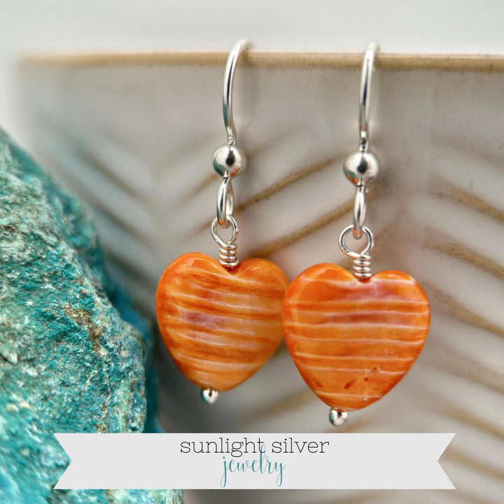 Orange Spiny Oyster Shell Heart and Sterling Silver Earrings - SunlightSilver