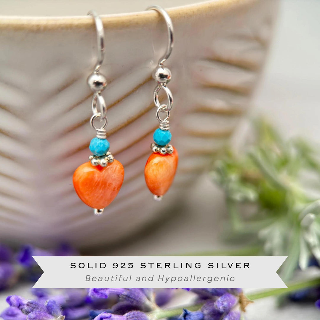 Petite Spiny Oyster and Turquoise Earrings – Orange Heart Shell Jewelry in 925 Silver -Turquoise Accents - SunlightSilver