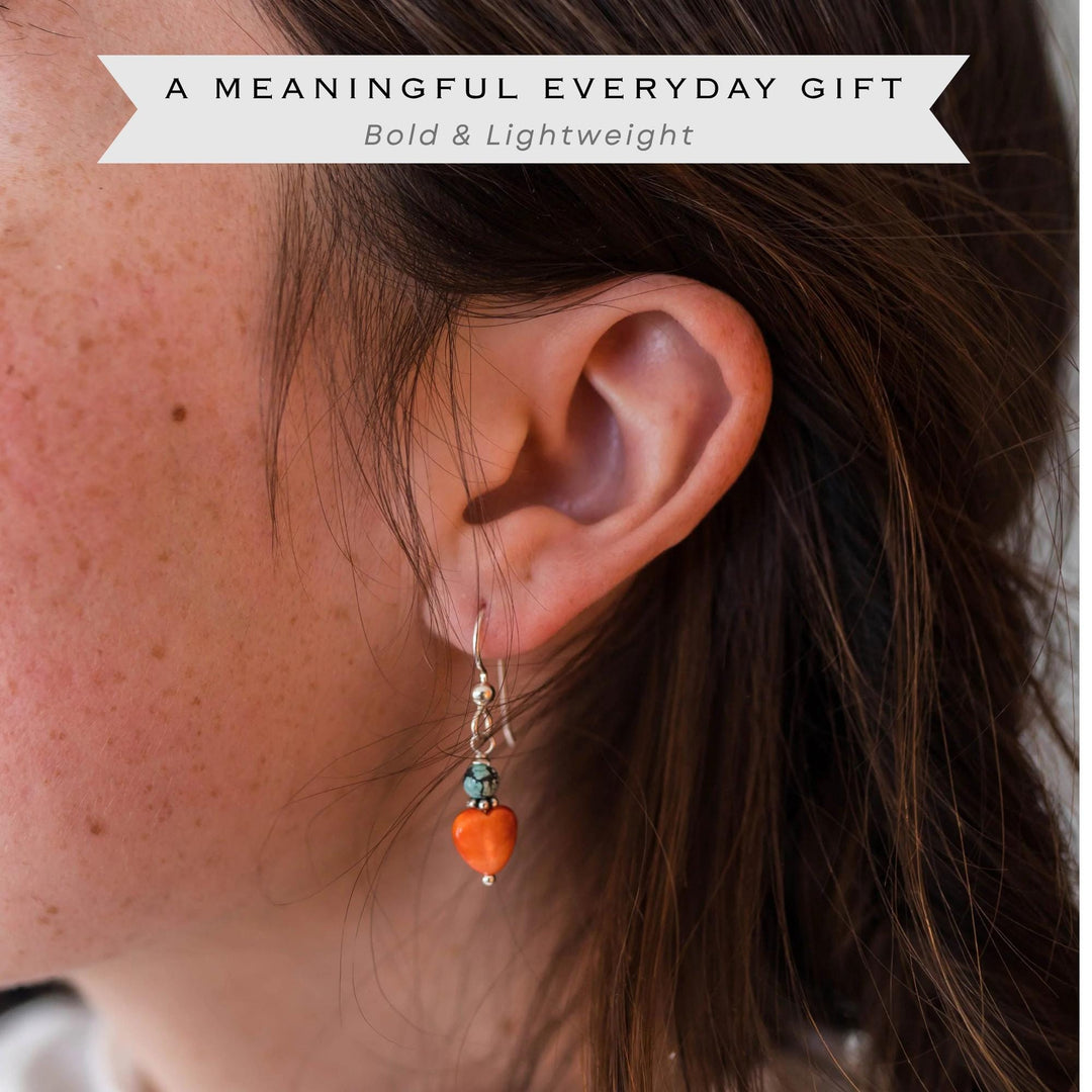 Petite Spiny Oyster and Turquoise Earrings – Orange Heart Shell Jewelry in 925 Silver -Turquoise Accents - SunlightSilver