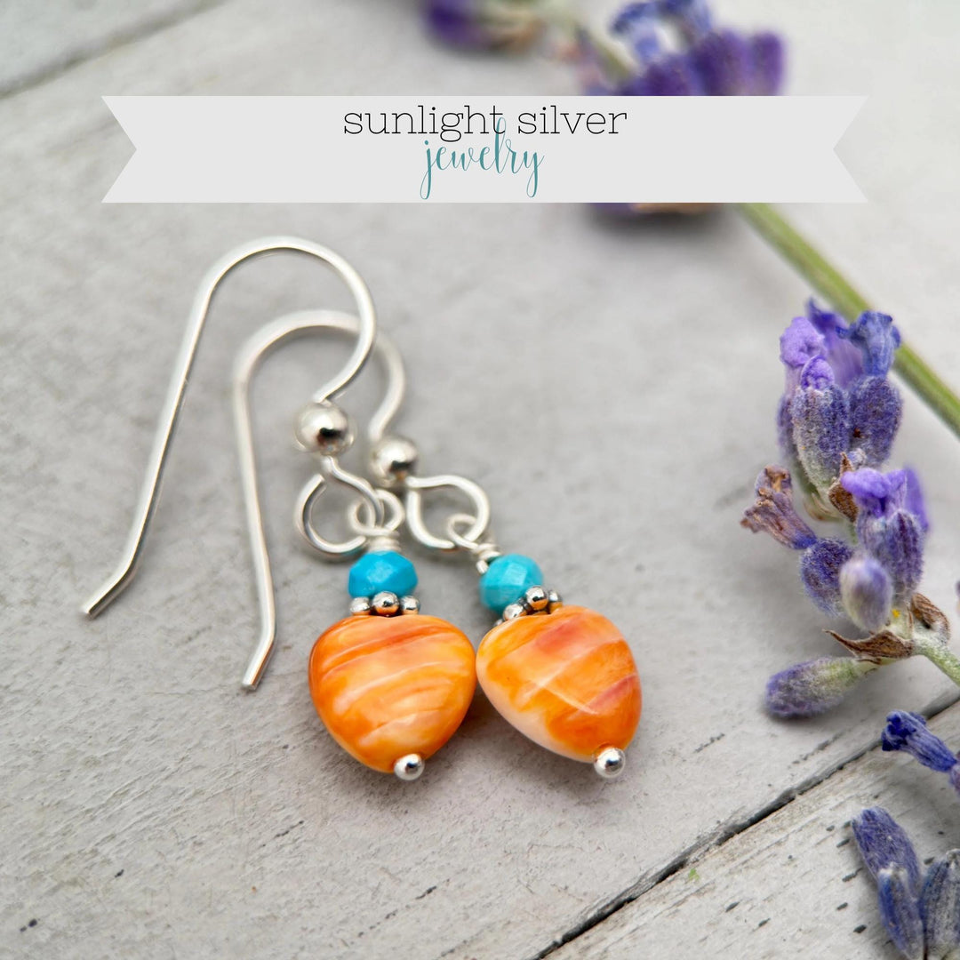 Petite Spiny Oyster and Turquoise Earrings – Orange Heart Shell Jewelry in 925 Silver -Turquoise Accents - SunlightSilver