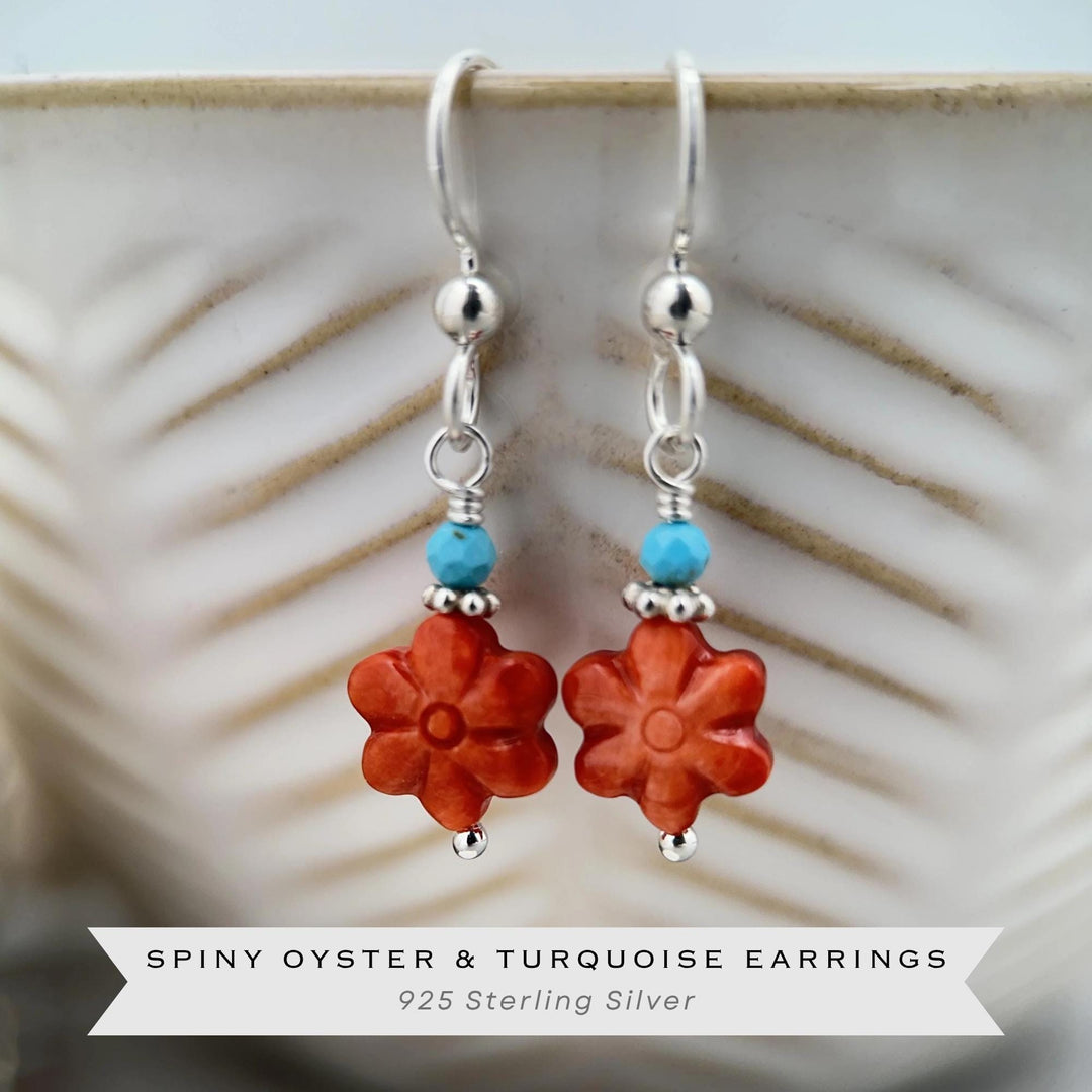 Small Red Spiny Oyster Shell Flower, Turquoise, and Sterling Silver Earrings - SunlightSilver