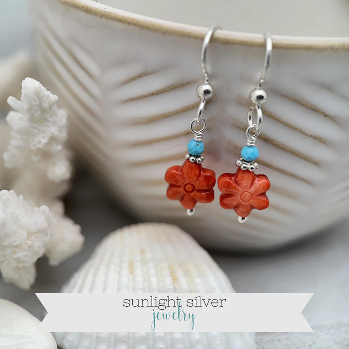 Small Red Spiny Oyster Shell Flower, Turquoise, and Sterling Silver Earrings - SunlightSilver