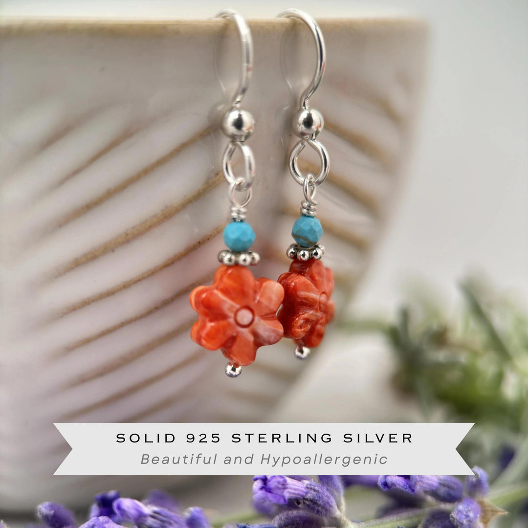 Small Red Spiny Oyster Shell Flower, Turquoise, and Sterling Silver Earrings - SunlightSilver