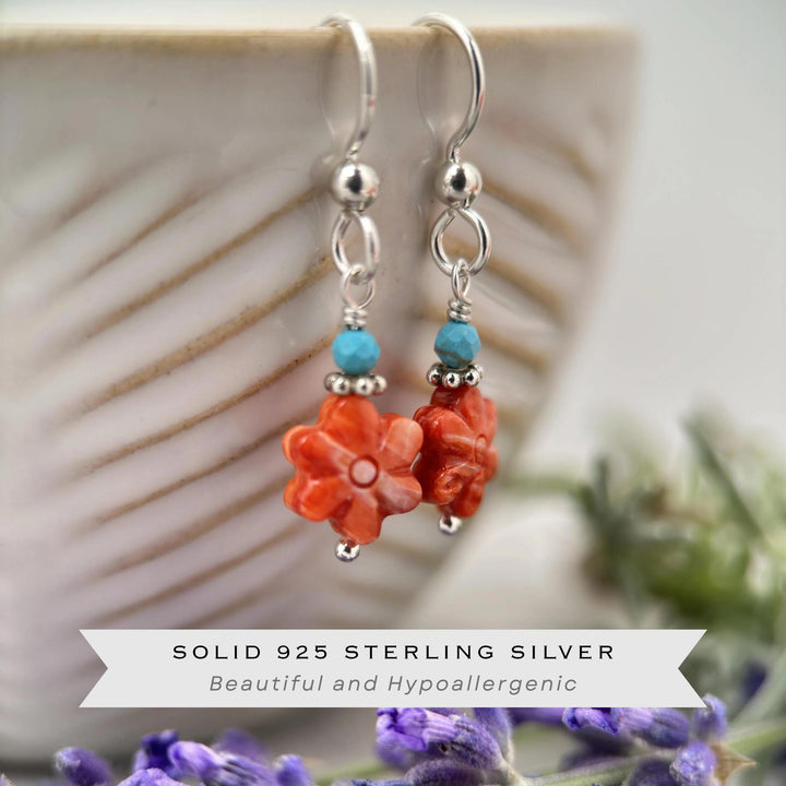 Small Red Spiny Oyster Shell Flower, Turquoise, and Sterling Silver Earrings - SunlightSilver
