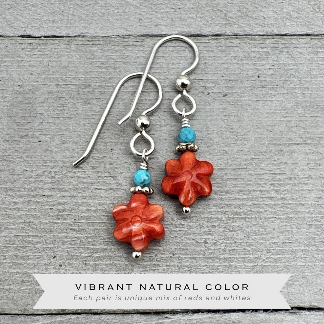 Small Red Spiny Oyster Shell Flower, Turquoise, and Sterling Silver Earrings - SunlightSilver