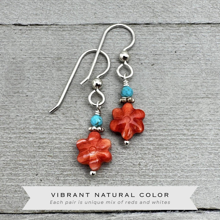 Small Red Spiny Oyster Shell Flower, Turquoise, and Sterling Silver Earrings - SunlightSilver