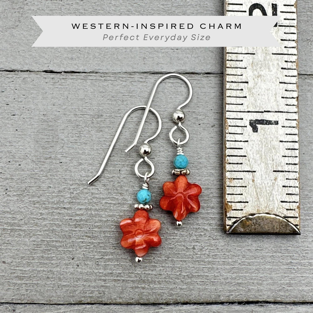 Small Red Spiny Oyster Shell Flower, Turquoise, and Sterling Silver Earrings - SunlightSilver
