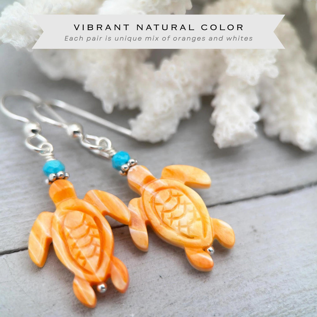 Spiny Oyster Shell Sea Turtle Earrings with Turquoise | Sterling Silver Southwestern Coastal Jewelry - SunlightSilver