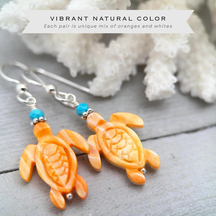 Spiny Oyster Shell Sea Turtle Earrings with Turquoise | Sterling Silver Southwestern Coastal Jewelry - SunlightSilver