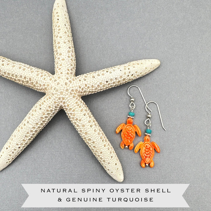 Spiny Oyster Shell Sea Turtle Earrings with Turquoise | Sterling Silver Southwestern Coastal Jewelry - SunlightSilver