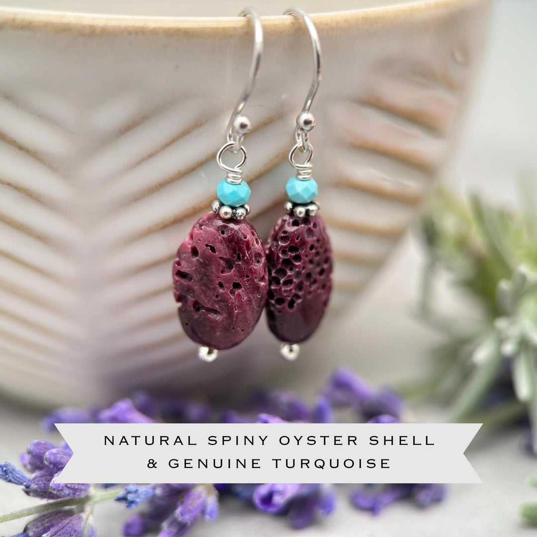 Purple Spiny Oyster Earrings - Turquoise & Sterling Silver - Southwest Style Shell Jewelry - SunlightSilver