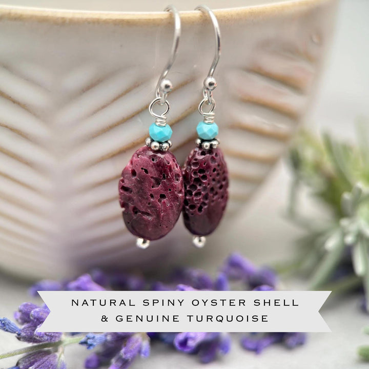 Purple Spiny Oyster Earrings - Turquoise & Sterling Silver - Southwest Style Shell Jewelry - SunlightSilver