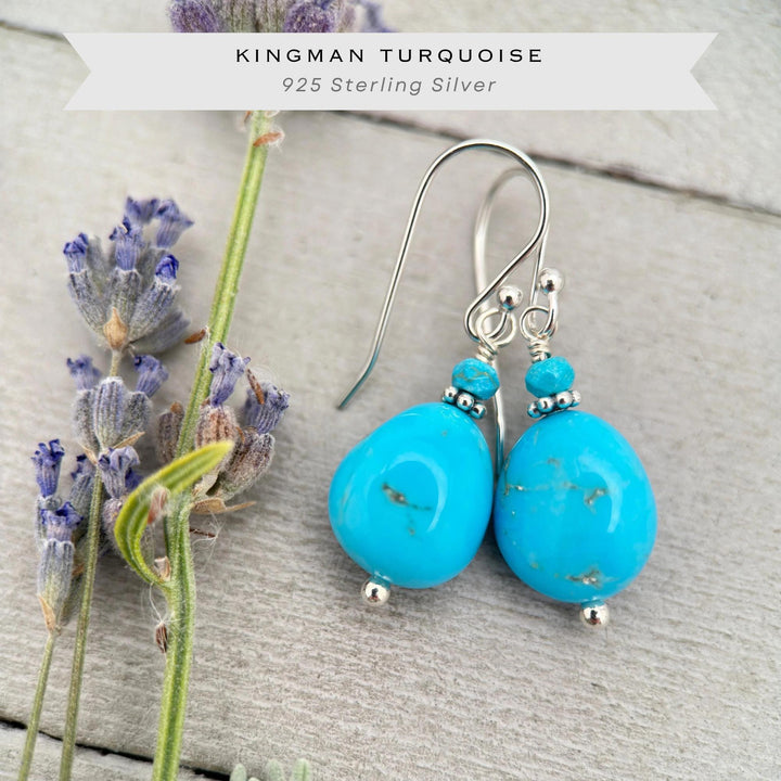 Kingman Turquoise Nugget Earrings – Bright Blue Arizona Turquoise with Sterling Silver – Handmade in the USA - SunlightSilver