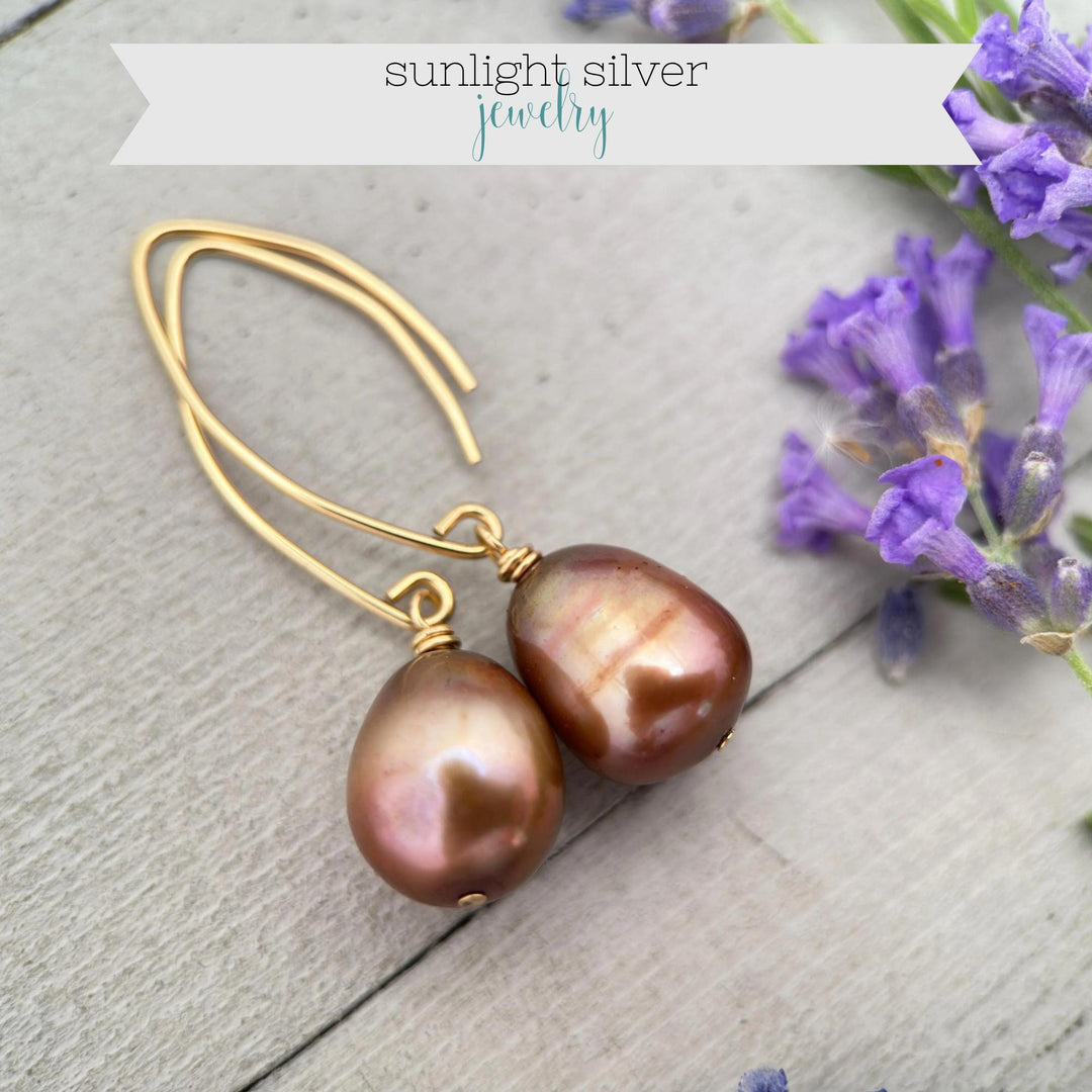 Bronze Brown Freshwater Pearl and 14k Yellow Gold Earrings - Copper Brown - SunlightSilver