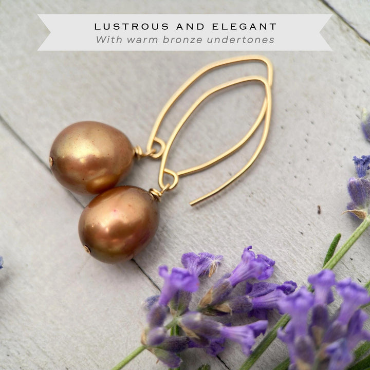 Bronze Brown Freshwater Pearl and 14k Yellow Gold Earrings - Copper Brown - SunlightSilver