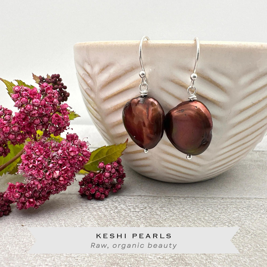 Large Brown Keshi Pearl and Solid 925 Sterling Silver Earrings - SunlightSilver