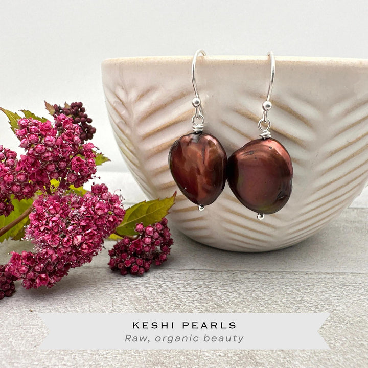 Large Brown Keshi Pearl and Solid 925 Sterling Silver Earrings - SunlightSilver