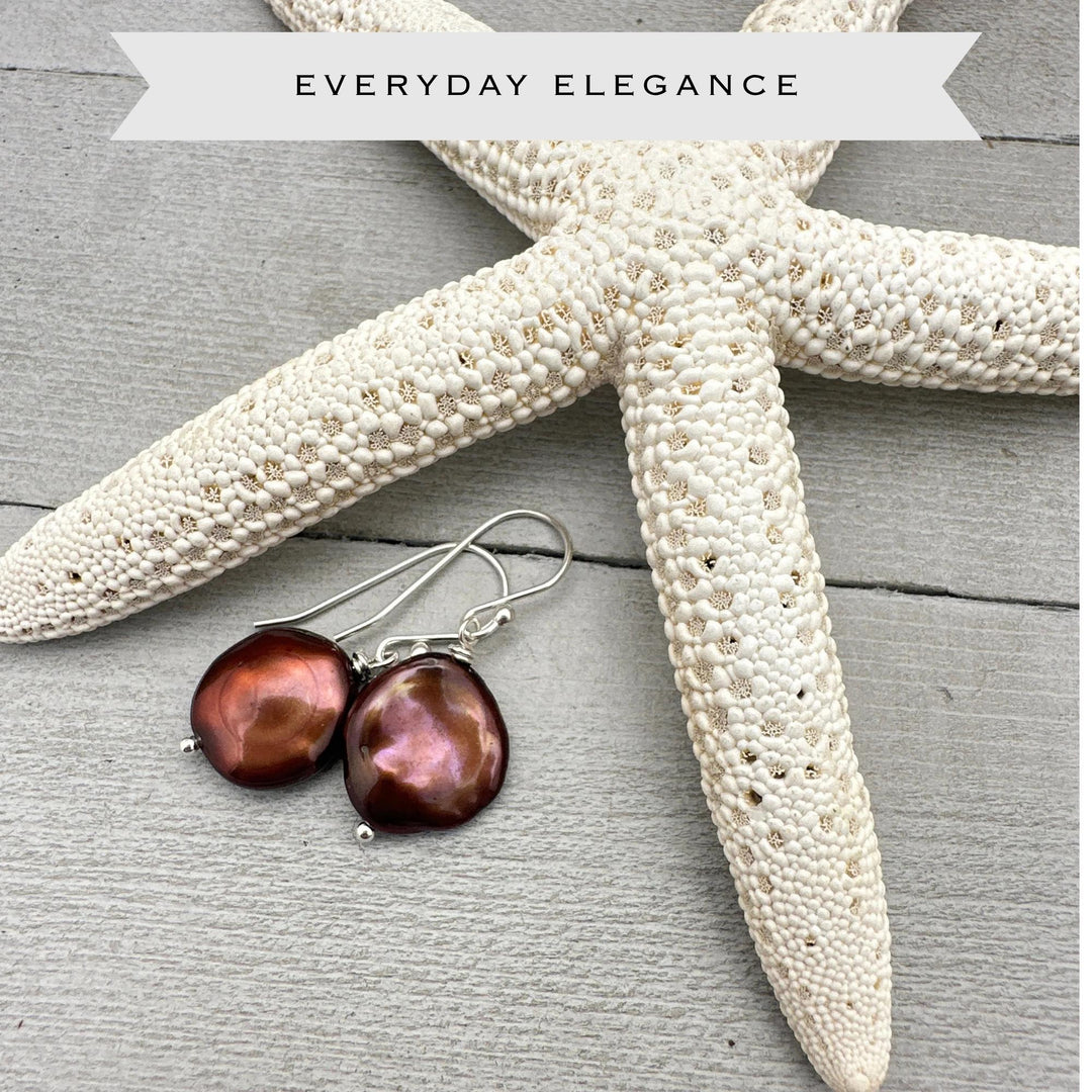 Large Brown Keshi Pearl and Solid 925 Sterling Silver Earrings - SunlightSilver