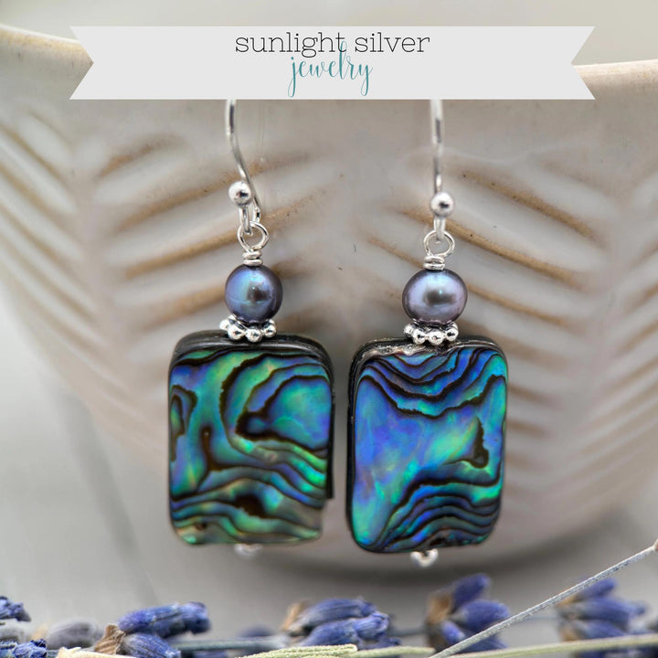 Paua Abalone Shell, Freshwater Pearl, and Sterling Silver Earrings - SunlightSilver