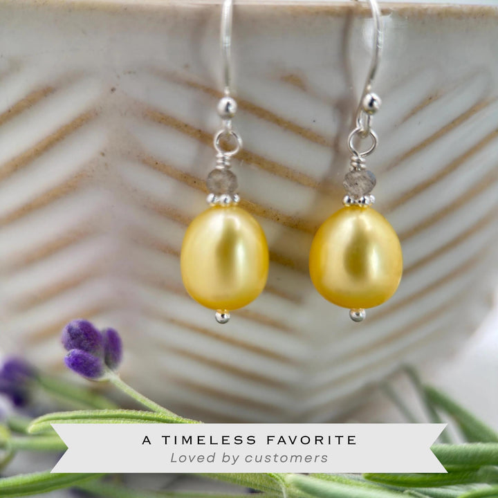Yellow Pearl and Labradorite Gemstone Earrings | Solid 925 Sterling Silver Earrings | Handmade Freshwater Pearl Jewelry - SunlightSilver