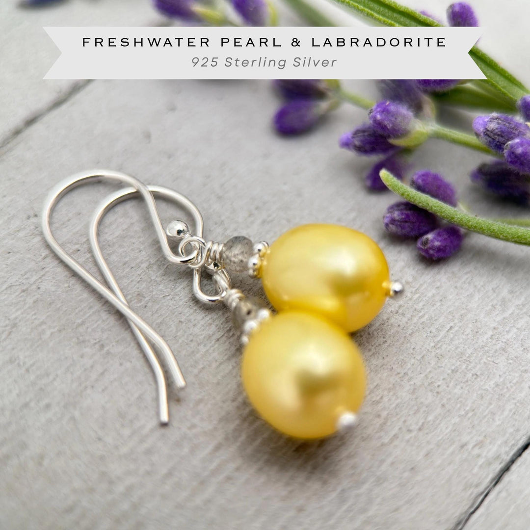 Yellow Pearl and Labradorite Gemstone Earrings | Solid 925 Sterling Silver Earrings | Handmade Freshwater Pearl Jewelry - SunlightSilver